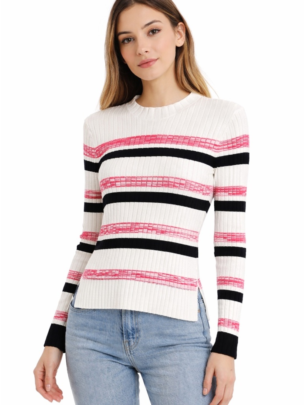 Maje Ribbed Stripe Sweater White Pink Black Long Sleeve Size S